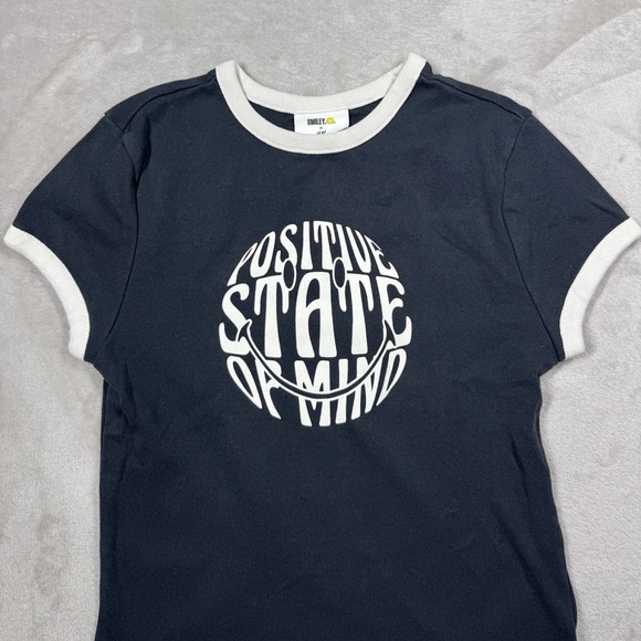 Smiley X H&M Positive State Of Mind 100% Cotton Ringer T-Shirt Girls Size Small - Picture 2 of 9
